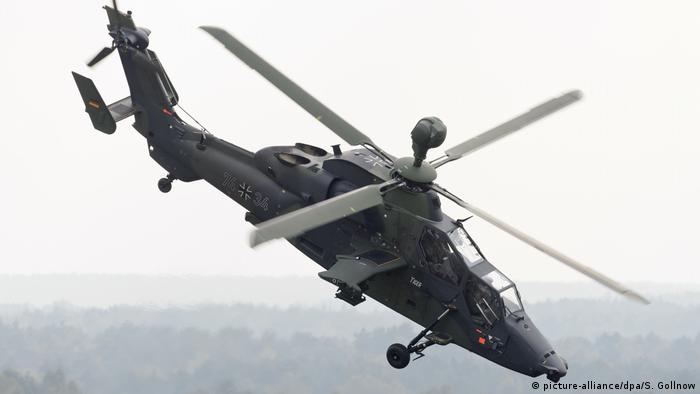 A Bundeswehr Tiger helicopter during a training flight drill