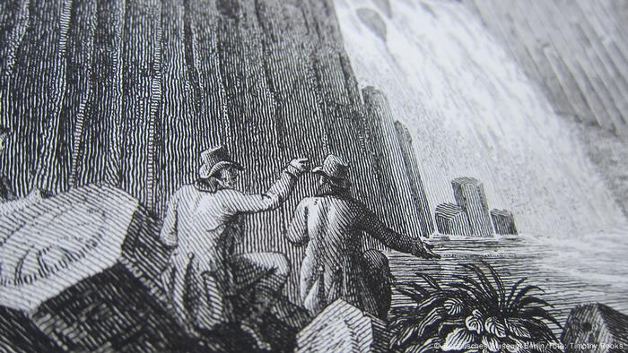 Alexander von Humboldt und Aime Bonpland am Wasserfall von Regla in Mexiko, 1803, aus seinem Buch Vues des Cordilleres et monumens des peuples indigenes de l'Amerique