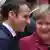 Presidente francês, Emmanuel Macron (esq.), e chanceler federal alemã, Angela Merkel, em cúpula em Bruxelas