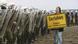 An anti-nuclear activist with sign walks past line of riot police in Gorleben, 1997 An anti-nuclear activist with sign walks past line of riot police in Gorleben, 1997