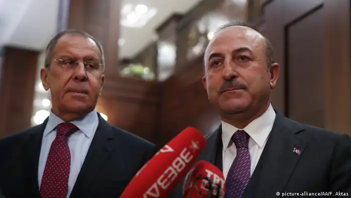 Minister of Foreign Affairs of Turkey, Mevlut Cavusoglu (R) and Minister of Foreign Affairs of Russia, Sergey Lavrov (L) speak to press members after a meeting on the latest developments in Syria 