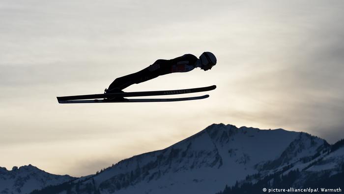 Swiss ski jumper Simon Ammann on a training jump