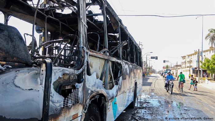 A burned out bus in Fortaleza 