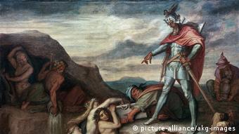 Gemälde Hagen versenkt Nibelungenhort: Mann im Rüstzeug; seine Helfer übergeben nackten Nixen Gegenstände / Cornelius