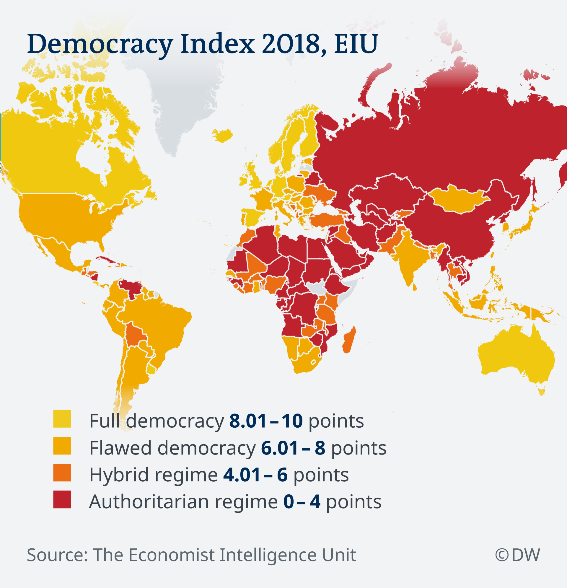 Karta svijeta prema indeksu demokracije - svjetlo žute su zemlje s potpunom demokracijom, tamno žute s nepotpunom demokracijom, narančasti s mješavinom demokracije i autoritarnog režima, a crvene s autoritarnim režimom