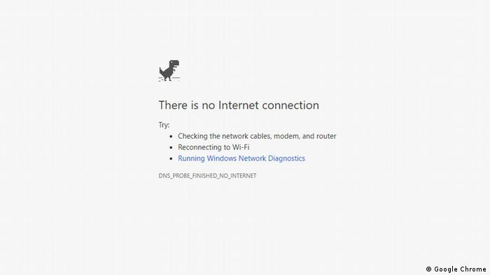 Screenshot of web browser Google Chrome's error message page, telling user: There is no internet connection.