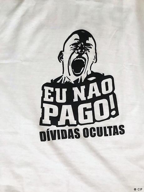 A T-shirt for a campaign by civil society organization CIP stating 'I won't pay for the hidden debt' underneath a depiction of a shouting man