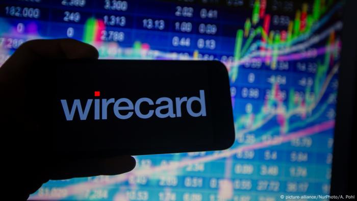 Wirecard - на экране мобильного телефона на фоне биржевых курсов 