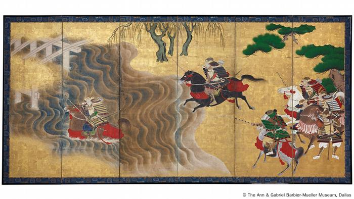 Gemälde zeigt Samurai-Krieger, die einen Fluss überqueren (The Ann & Gabriel Barbier-Mueller Museum, Dallas)