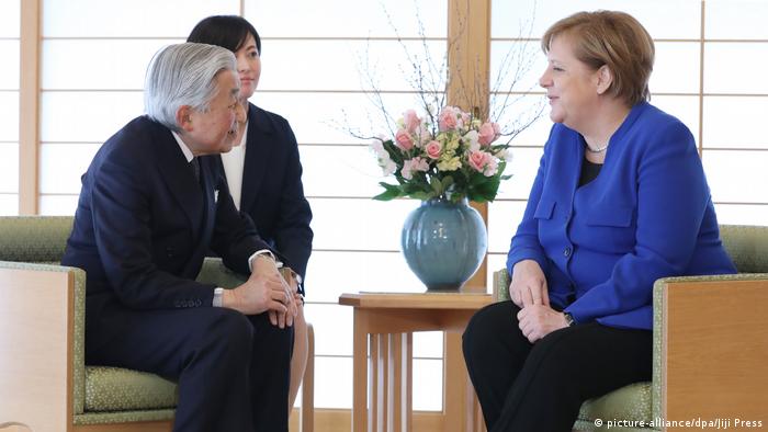 Japanese Emperor Akihito meets with German Chancellor Angela Merkel at the Imperial Palace in Tokyo, Japan, Tuesday morning, Feb. 5, 2019.