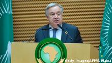UN Secretary General Antonio Guterres speaks during the 32nd African Union (AU) summit in Addis Ababa on February 10, 2019. - While multiple crises on the continent will be on the agenda of heads of state from the 55 member nations, the two-day summit will also focus on institutional reforms, and the establishment of a continent-wide free trade zone. (Photo by SIMON MAINA / AFP) (Photo credit should read SIMON MAINA/AFP/Getty Images)