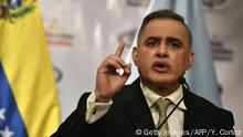 Venezuelan Prosecutor Tarek William Saab gestures while addressing the press at the Prosecutor's building in Caracas, on February 14, 2019. - Venezuelan prosecutor's office opened an investigation into the executives of Venezuelan oil company PDVSA's subsidiary in the US, Citgo, as well as to ambassadors appointed by the Venezuelan opposition leader Juan Guaido, recognized as acting president by 50 countries. (Photo by YURI CORTEZ / AFP) (Photo credit should read YURI CORTEZ/AFP/Getty Images)