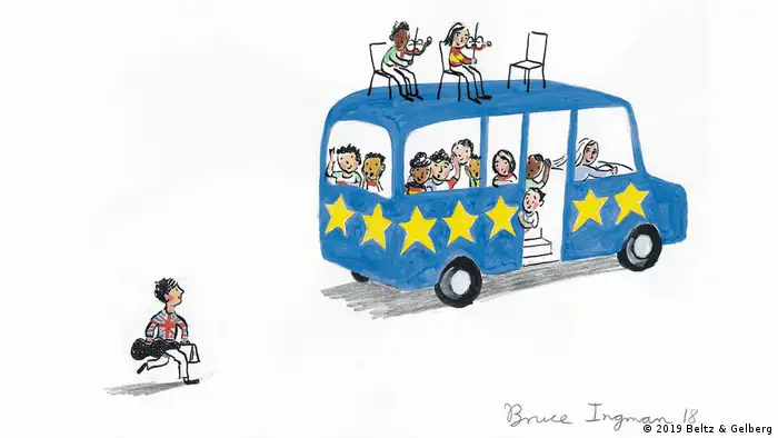 Zeichnung von Bruce Ingman für Zeichnen für ein Europa: Der britische Junge eilt dem europäischen Bus hinterher. (2019 Beltz & Gelberg)