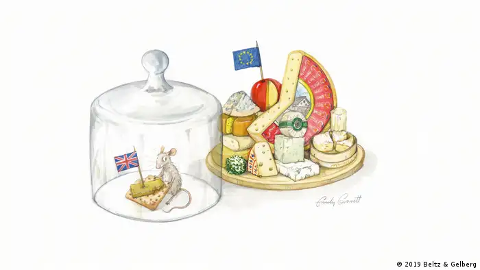 Die britische Maus sitzt isoliert unter einer Käseglocke. Zeichnung von Emily Gravett für Zeichnen für ein Europa. (2019 Beltz & Gelberg)