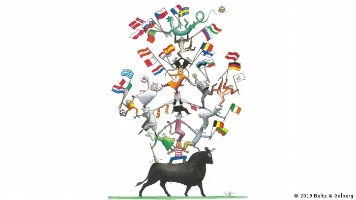 Europas Staaten vollführen auf dem europäischen Stier einen Balanceakt. Illustration von Thé Tjong-Khing für Zeichnen für ein Europa. (2019 Beltz & Gelberg)
