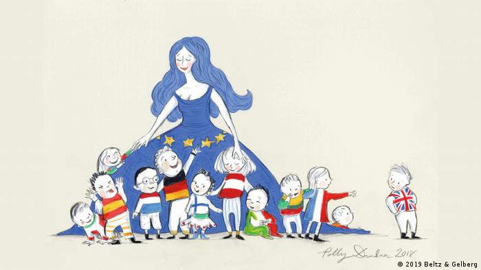 La ilustradora británica Polly Dunbar dibujó a Europa como una hermosa mujer de cabello suelto que cuida a una horda de niños felices.