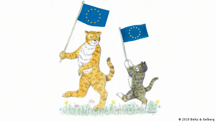 Zeichnung von Judith Kerr mit Tiger und Kater für das Buch Zeichnen für ein Europa. (2019 Beltz & Gelberg)