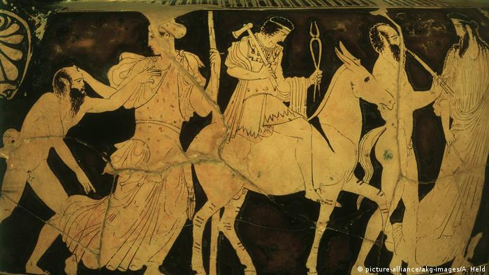 Возвращение Гефеста на Олимп. Роспись на античной вазе. Ок. 440 г. до н. э.
