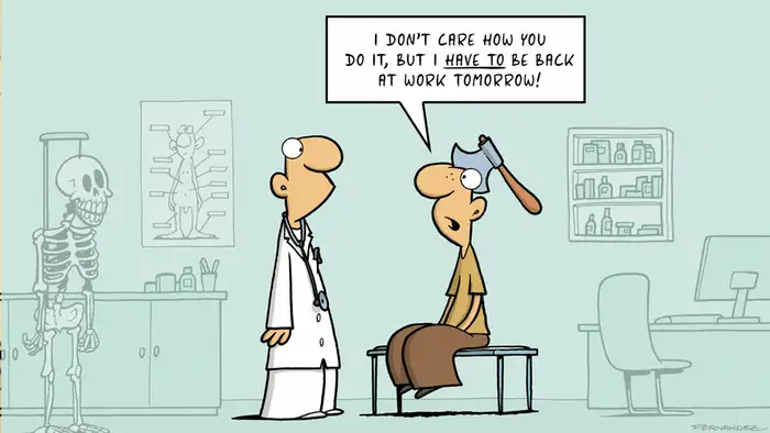 A patient with an axe in his head talks to a doctor (DW Euromaxx Comic von Fernandez That´s so german Arzt)