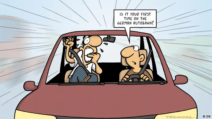 Two men in a car driving at speed, one of which is extremely nervous (DW Euromaxx Comic von Fernandez That´s so german Autobahn)