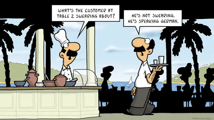 A chef and a waiter discuss the German language (DW Euromaxx Comics von Fernandez That´s so German Restaurant)
