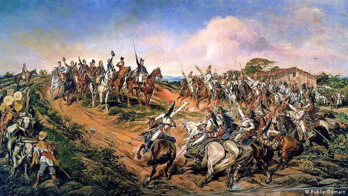 Quadro Independência ou morte, de Pedro Américo, ilustra o grito de independência do Brasil, com dezenas de homens montados a cavalo e Dom Pedro 1º no centro, empunhando uma espada
