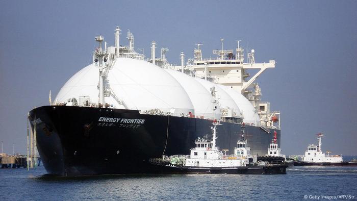 A liquefied natural gas (LNG) tanker arrives at a gas storage station at Sodegaura city in Chiba prefecture, east of Tokyo