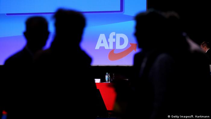 Silhouettes stand in front of the AfD logo at a party congress