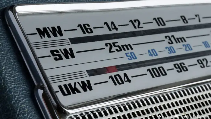 Dieses Radio zeigt Mittelwelle (MW), Kurzwelle (Engl. short wave/SW) und Ultrakurzwelle (UKW) an.