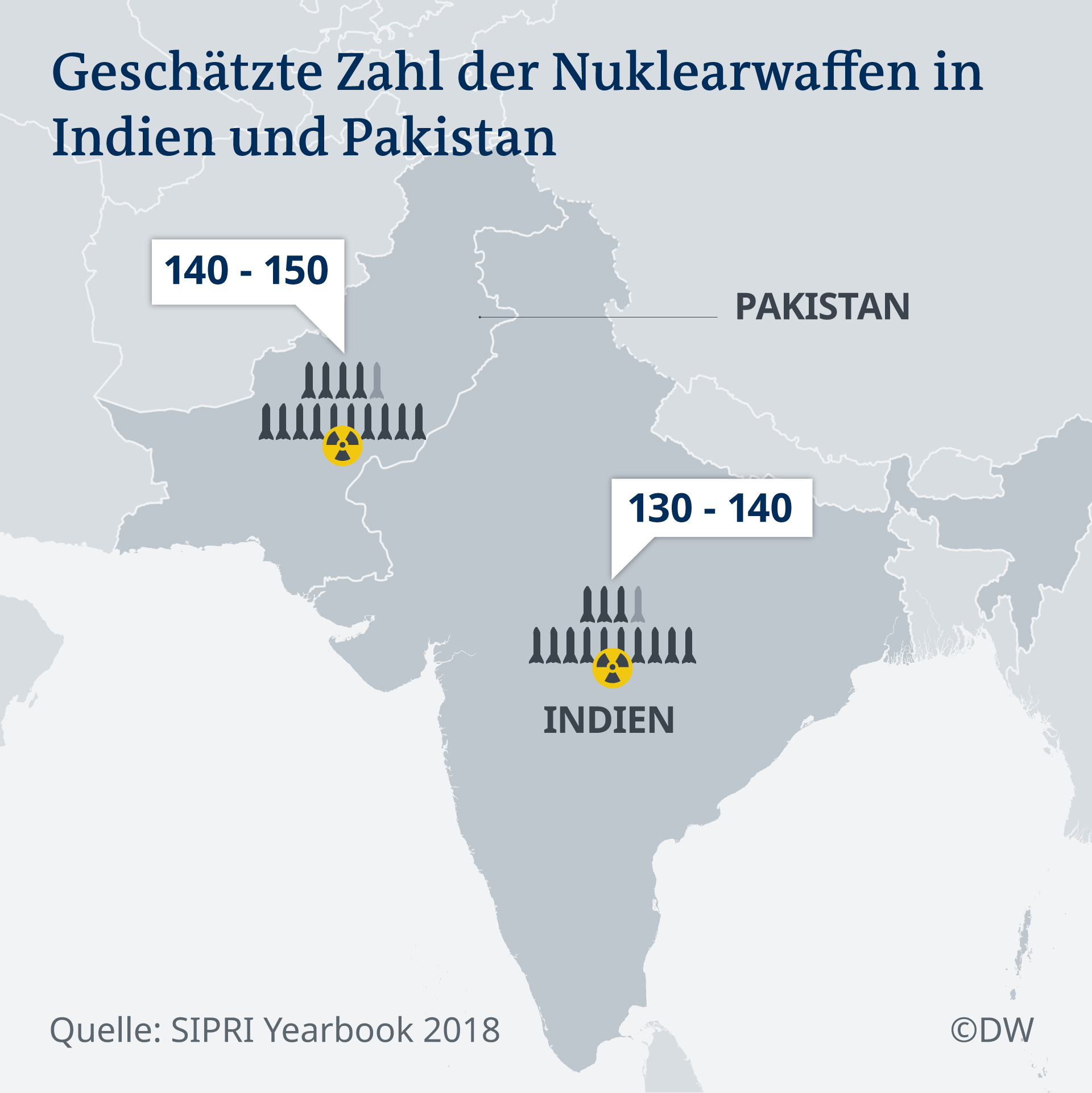 Infografik Karte Geschätzte Zahl der Nuklearwaffen in Indien und Pakistan DE