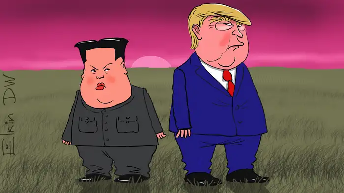 Karikatur von Sergey Elkin über Kim und Trump – Gipfel ohne Ergebnis