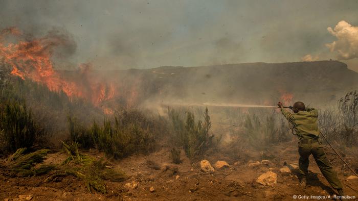 A man sprays water from a hose towards flames in scrubland on Mount Kenya