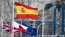 GIBRALTAR, GIBRALTAR - SEPTEMBER 11: The British, Gibraltar and European Union flags flutter besides the Spanish flag as people cross the frontier from Spain into Gibraltar on September 11, 2018 in Gibraltar, Gibraltar. As the date for the United Kingdom's departure from the European Union approaches, the effects of Brexit on the self-governing 6.8 square-kilometre enclave, whose 34,000 residents voted 96 percent to remain and is already outside the EU customs union, remains still unclear. A British territory for 300 years, which has a land border with Spain, has a $2.9 billion services economy which heavily relies on frontier workers coming from Spain for about 50 percent of its labour force. (Photo by Matt Cardy/Getty Images)