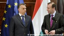 epa04782317 Hungarian Prime Minister Viktor Orban (L) and EPP (European People's Party) group leader Manfred Weber give a statement following their talks in the Munkacsy Room of the Hungarian Parliament in Budapest, Hungary, 04 June 2015. EPA/SZILARD KOSZTICSAK HUNGARY OUT +++(c) dpa - Bildfunk+++ |