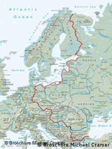 Mapa z zaznaczoną na czerwono granicą między Wschodem i Zachodem Europy