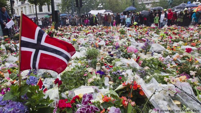 A floral tribute in front of an Oslo church after the 2011 attacks in which more than 70 people were killed.
