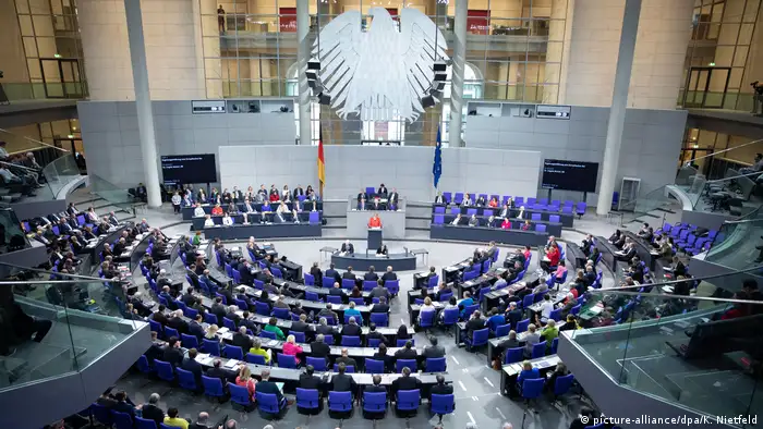 Chancellor Angela Merkel speaking to the Bundestag