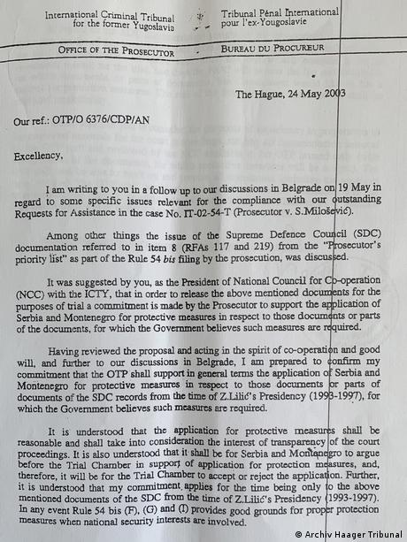 Brief des ehemaligen Außenministers Serbiens Goran Svilanovic an die ehemalige Anklägerin des Haager Tribunals Carla del Ponte