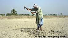 Bauer bearbeitet einen ausgetrockneten Lehmboden, Dorf Basti Lehar Walla, Punjab, Pakistan, Asien | Verwendung weltweit, Keine Weitergabe an Wiederverkäufer.