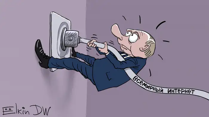 Karikatur Sergey Elkin - Thema: Russland auf dem Weg zum autonomen Internet