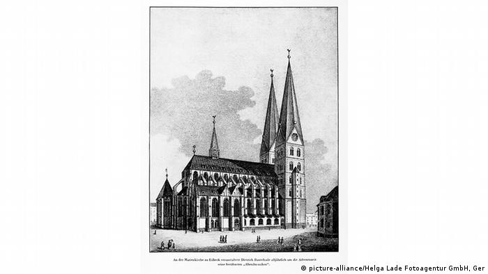 Copper engraving of St. Mary's Church in Lübeck with its twin towers (picture-alliance/Helga Lade Fotoagentur GmbH, Ger)