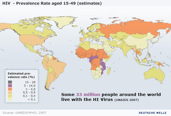 Схема распространения ВИЧ-инфекции в мире (по состоянию на 2007 год)
