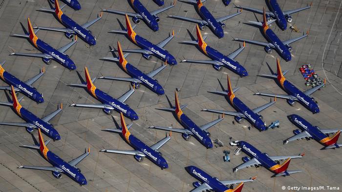 The fleet of 737 MAX planes operated by US carrier Southwest Airlines are waiting out a global grounding at the airport in Victorville, California