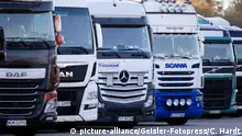 Internationale LKWs stehen auf dem Autobahn-Rastplatz Frechen Nord auf der A4. Köln, 29.12.2018 | Verwendung weltweit