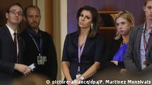 New State Department spokesperson and former Fox News contributor Morgan Ortagus, center, watches as Secretary of State Mike Pompeo answers questions during a news conference at the U.S. State Department in Washington, Thursday, April 4, 2019. (AP Photo/Pablo Martinez Monsivais) |