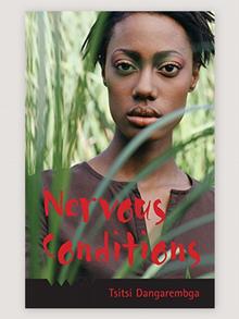 Book cover 'Nervous Conditions' by Tsitsi Dangarembga. Portrait of a woman in green foliage.