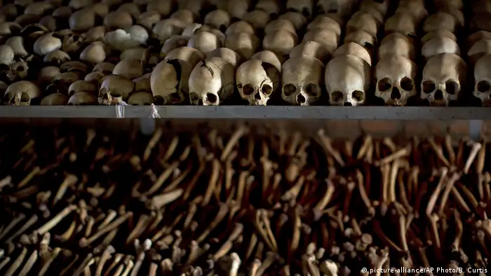 The skulls and bones of some of those who were slaughtered as they sought refuge inside the church are laid out as a memorial to the thousands who were killed in and around the Catholic church during the 1994 genocide in Ntarama, Rwanda