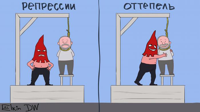Karikatur von Sergey Elkin zur vorübergehenden Freilassung von Kirill Serebrennikow. Links: Repressionen, rechts: Tauwetter 