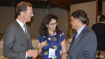 The German ambassador to Nepal HE Roland Schäfer, speaking with Andrea Marshall from DW Akademie, and Nepal’s former Foreign Minister, Madhu Raman Acharya