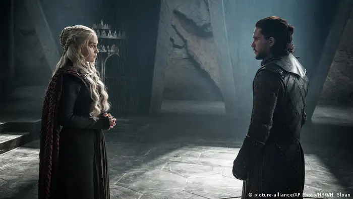 Daenerys Targaryen and Jon Snow look at a each other in a scene from HBO's Game of Thrones